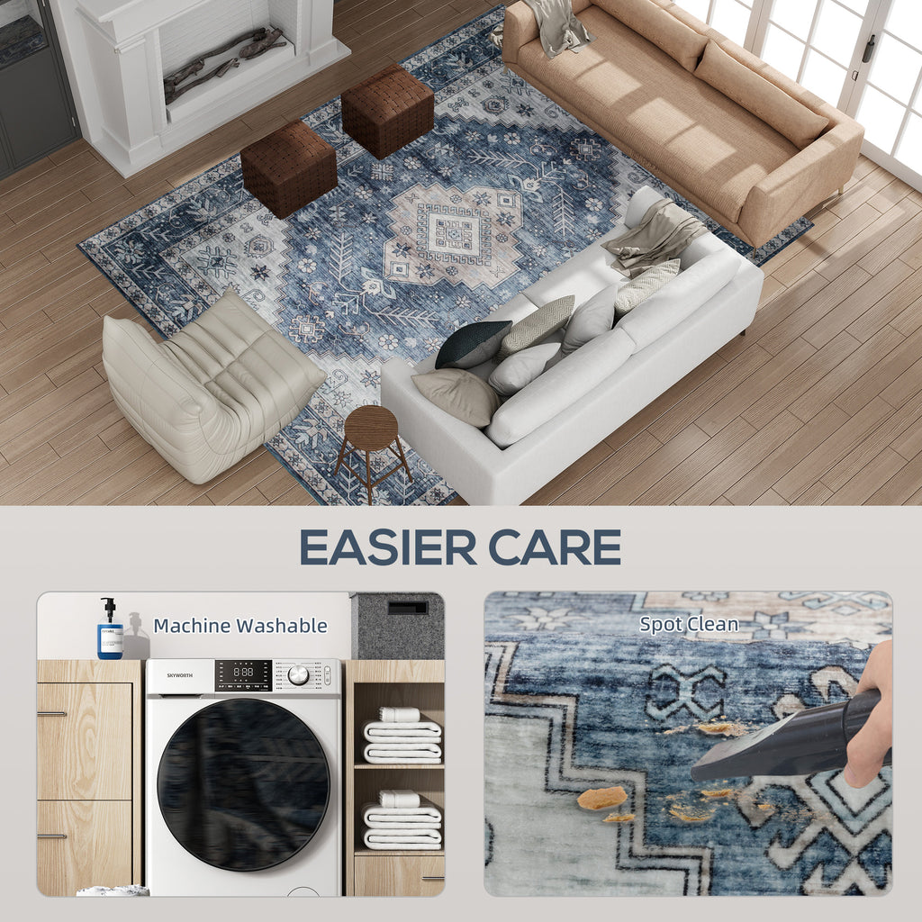 8x10 Vloerkleed, Vintage Wasbaar Tapijt, Antislip Vloerkleed voor Woonkamer, Slaapkamer en Eetkamer, Blauw - Noventis Home