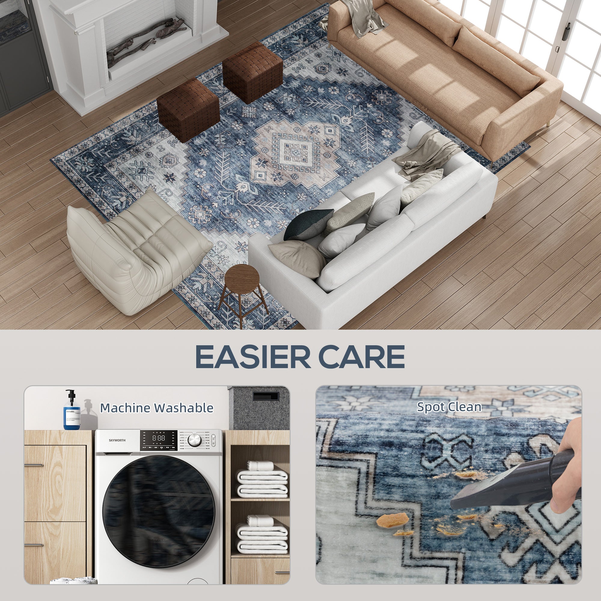 8x10 Vloerkleed, Vintage Wasbaar Tapijt, Antislip Vloerkleed voor Woonkamer, Slaapkamer en Eetkamer, Blauw - Noventis Home