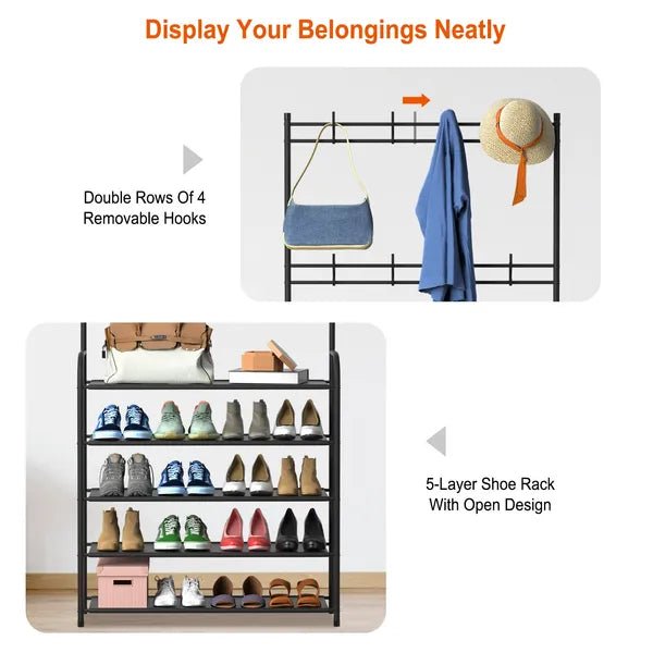 Entryway Coat Hat Rack Garment Shoe Storage Shelf Freestanding Hall Tree Clothing Hanger Stand Clothes Shoe Organizer Combo - Noventis Home
