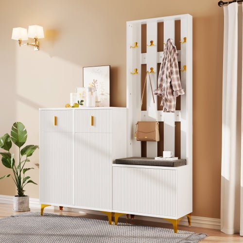 Wardrobe Set With Shoe Bench And Cushion, Wardrobe Front With Hooks, Shoe Cabinet With Drawers And Doors - Noventis Home
