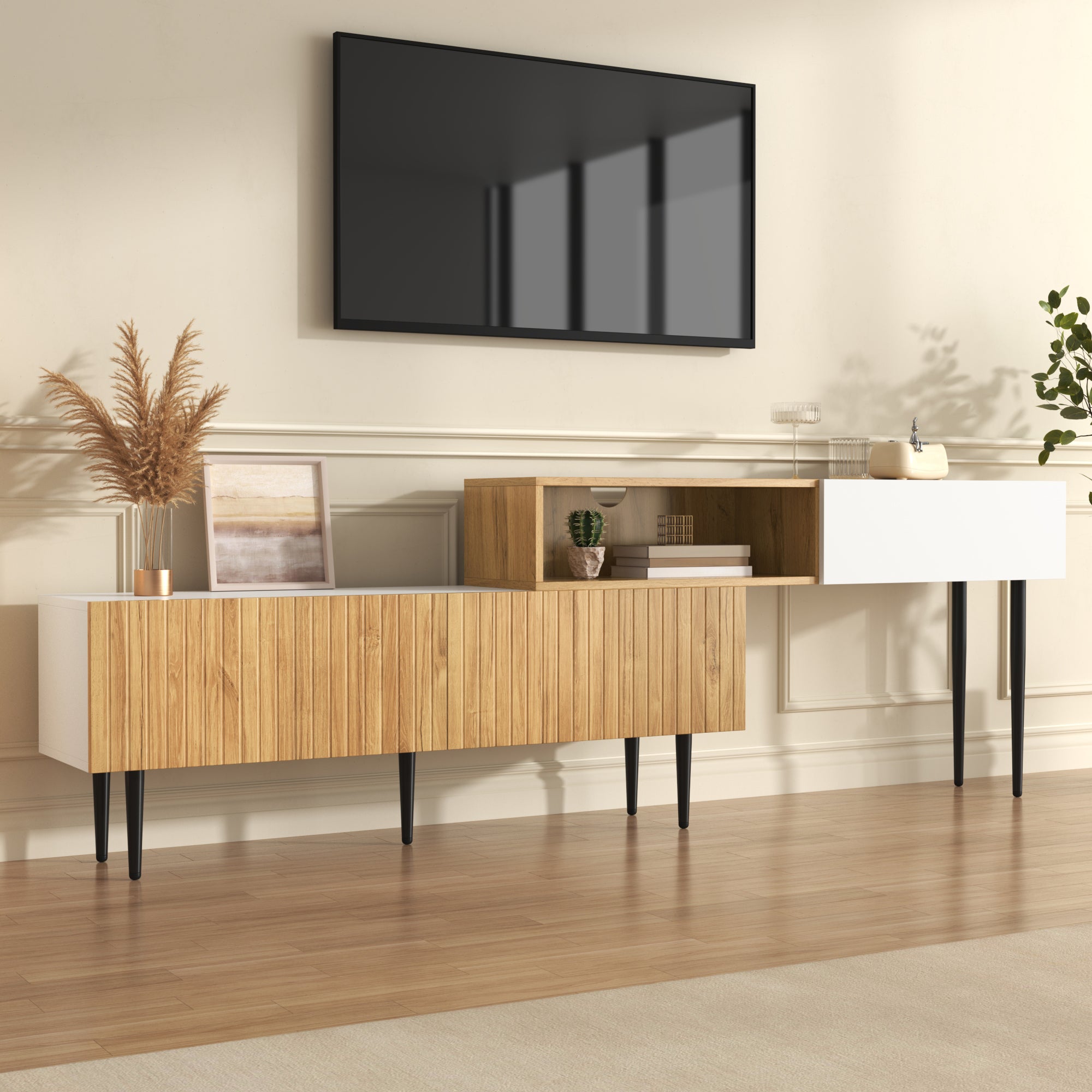 Modern TV - meubel met Verstelbare Lengte, Modulair 2 - delig Design, Houtlook Matwit, Zwarte Metalen Poten - Noventis Home