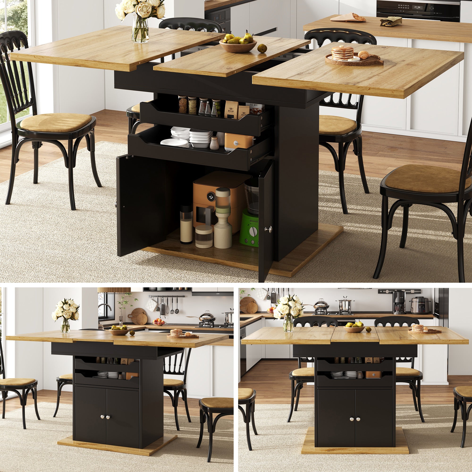 Uitschuifbare Eettafel 110-140x80cm, Inklapbare Keukentafel voor 4-6 Personen, met 2 Lades en Opbergkast, Zwart