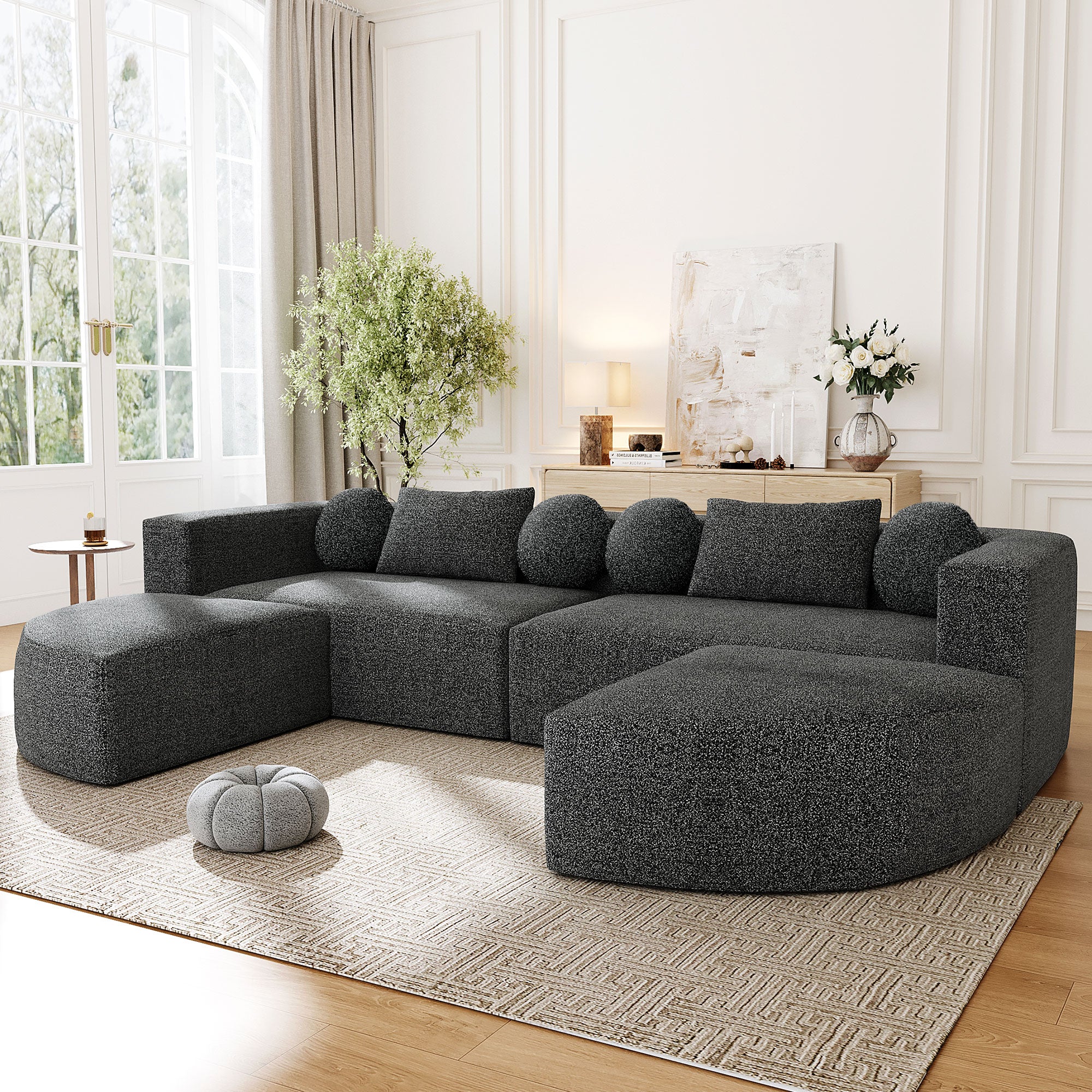 Modulaire Hoekbank 114.9" Vrij Combineerbaar, Slaapbank, Compressiebank met Diepe Zitting en Gebogen Design, Zwart