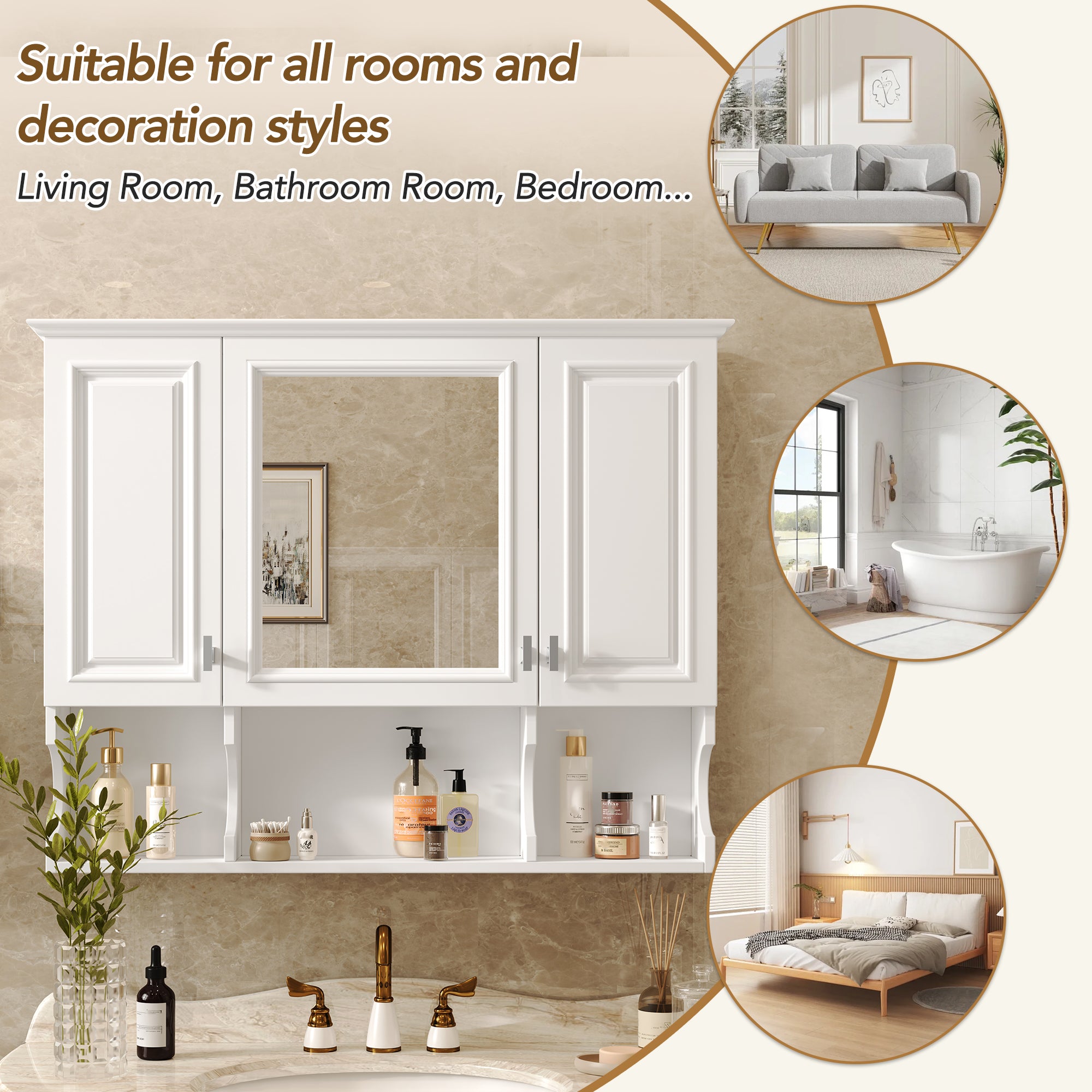 35'' X 28'' Wall Mounted Bathroom Medicine Cabinet, Modern Bathroom Wall Cabinet With Mirror, Mirror Cabinet With Open Shelves - Noventis Home