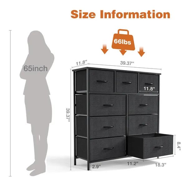 Dresser For Bedroom With 9 Fabric Storage Drawer Wardrobe Tall Chest Organizer Closet Adult&Kids Clothes Cabinet Furniture - Noventis Home
