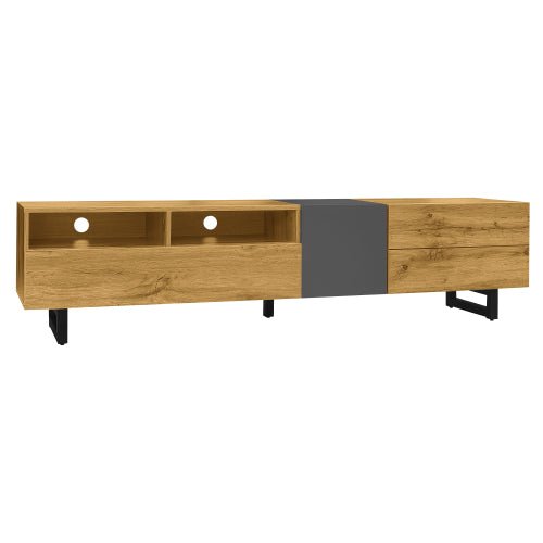 Colorblock TV - meubel, Contrasterend Kleurdesign, 3 Deuren en 2 Vakken, U - vormige Metalen Poten, Retro Houtnerf, 170 cm - Noventis Home