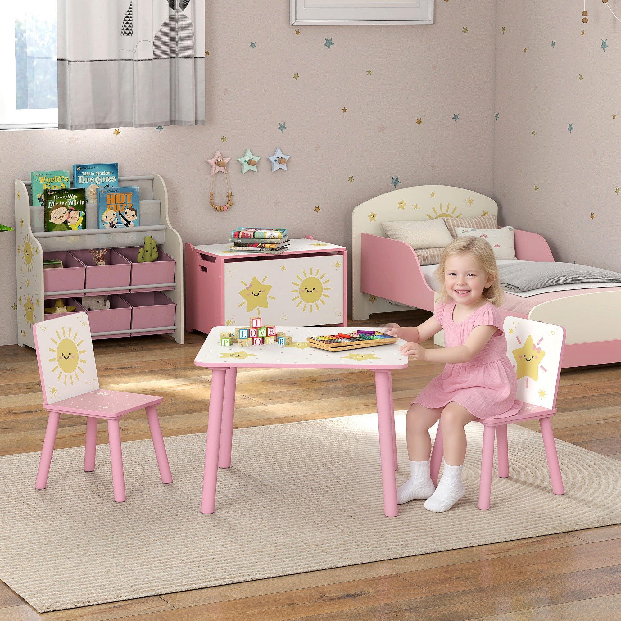 3-delige Kindertafel en Stoelset voor Kinderen van 3-8 Jaar, Slaapkamer en Speelkamer, Roze