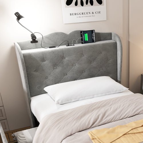 Upholstered Bed, Storage Bed, 3FT Single Bed 90x190cm, With 4 Drawers And Lamp, 3 USB Port 1 Type C, Durable And Sturdy, Youth Bed, For Adults Teenagers, Velvet, Grey - Noventis Home