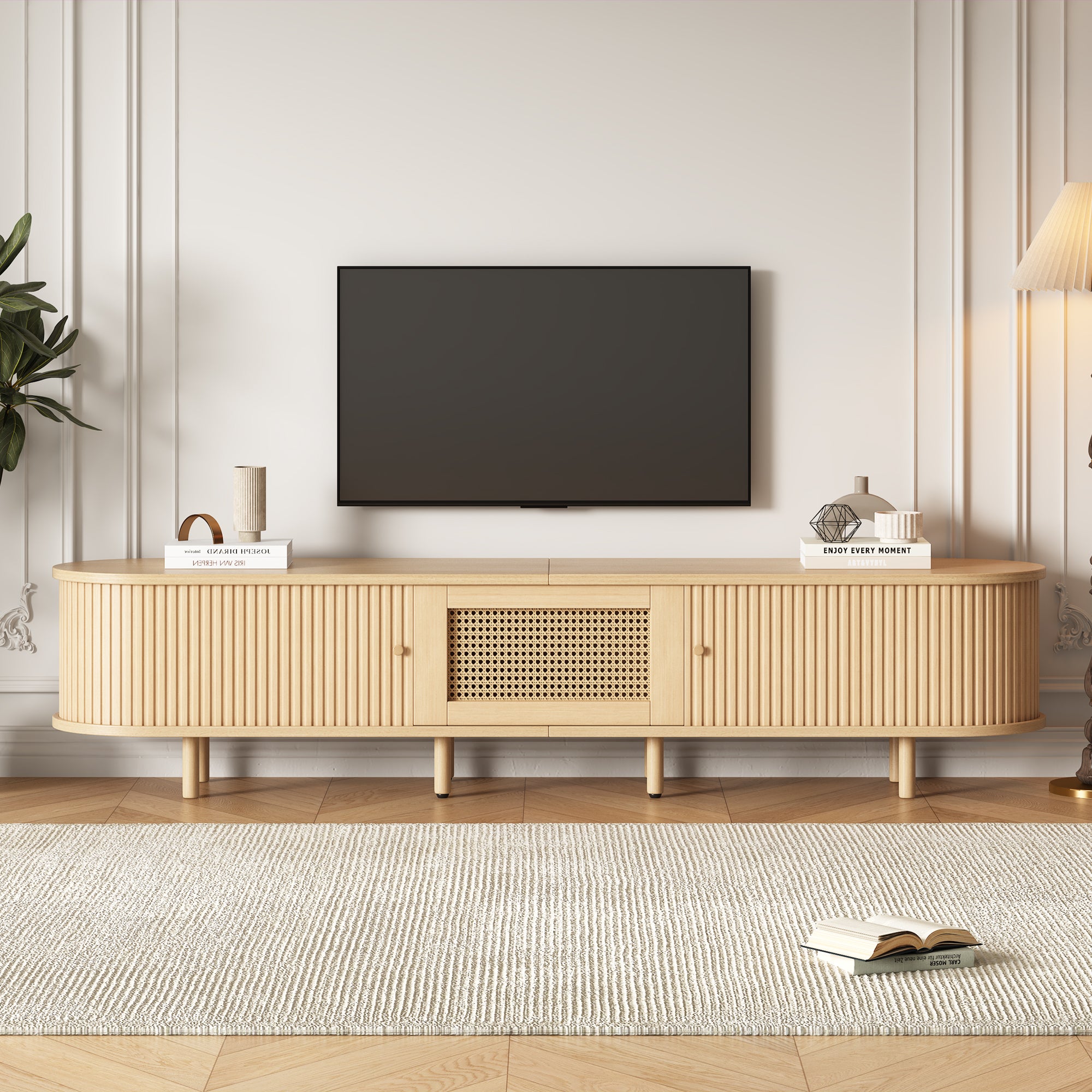 TV-meubel met 1 Rotan Lade en 2 Schuifdeuren, Ovaal TV-kast met Afgeronde Hoeken, 180x40x40 cm, Licht Hout, MDF, Geschikt voor 70 inch TV