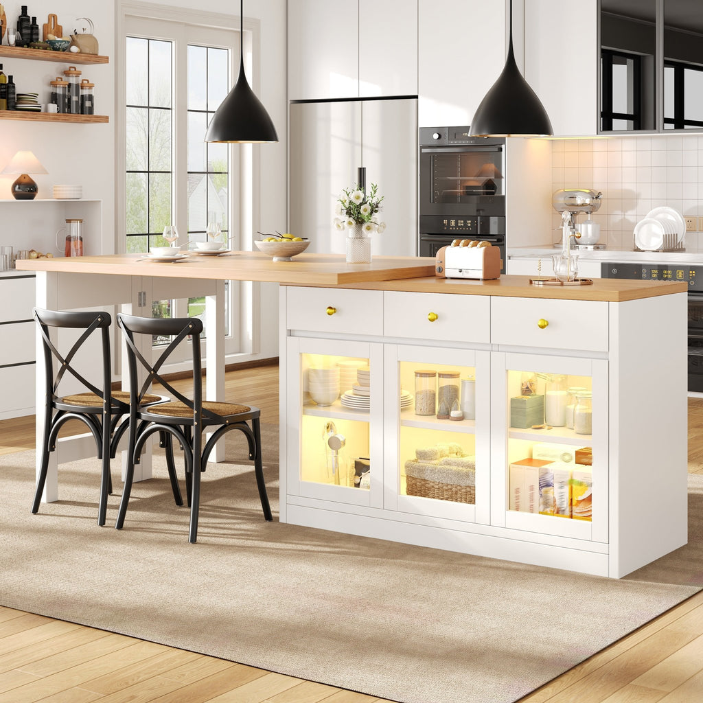 Extendable Kitchen Island With LED Lights, 120 - 200cm Adjustable Dining Table With Storage, 3 Drawers & Glass Cabinets, White Black - Noventis Home
