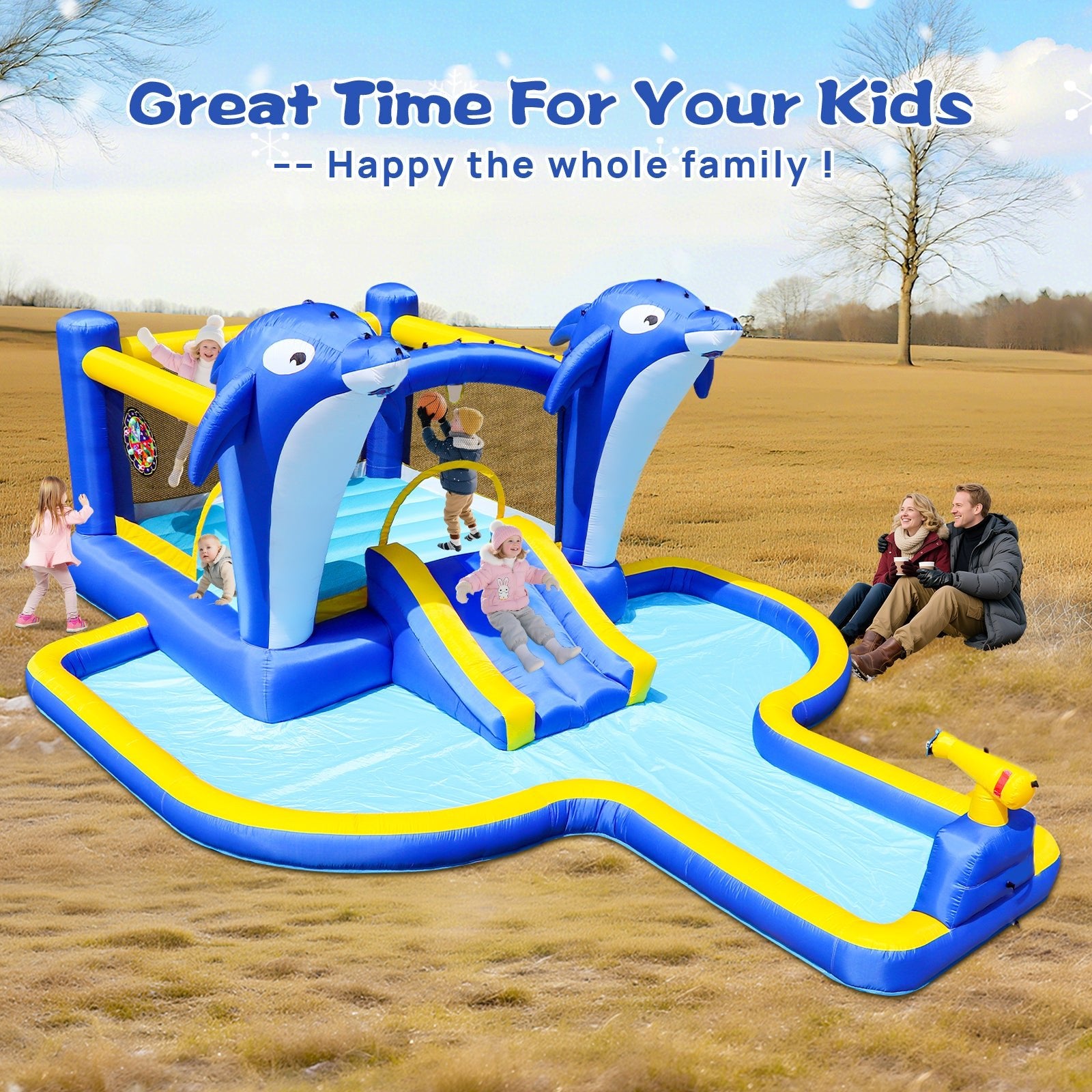 8 - in - 1 Opblaasbaar Waterglijbaan Speelpark met Trampoline, Dolfijn Sproeier, Waterpistool en Basketbal, voor Buiten - Noventis Home