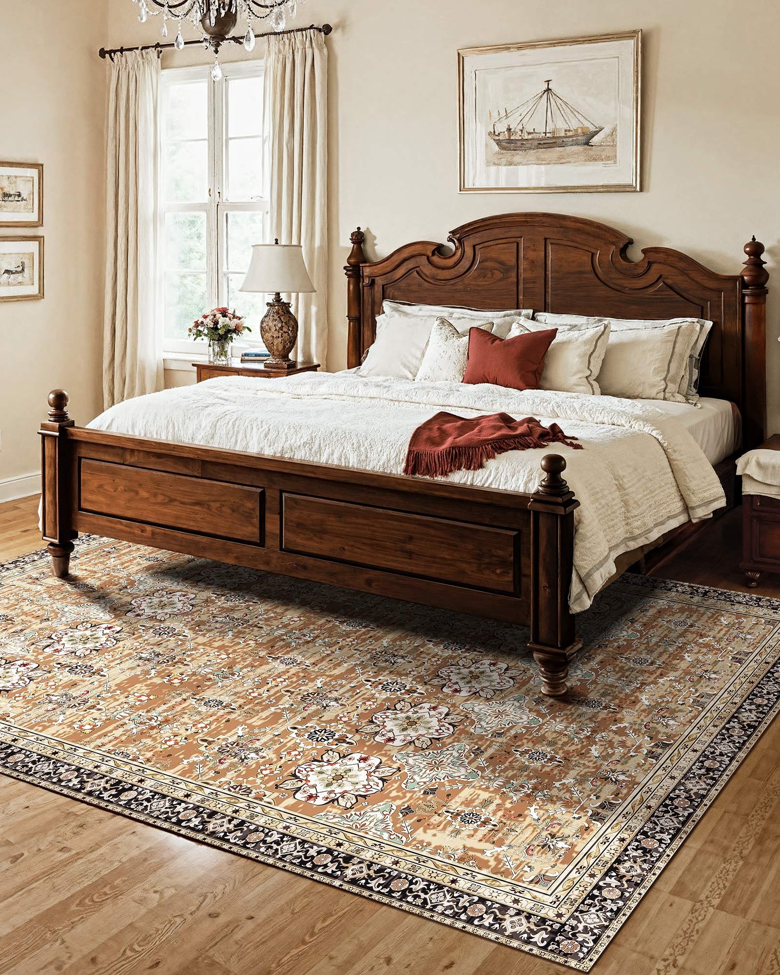 Area Rug, 7.5 X 9.5 Ft Large Washable Rug, Non - Slip And Tear - Resistant Soft Carpet, Pet & Child Friendly Vintage Area Rugs, Indoor Mat For Bedroom, Living Room, Office, Entryway, Brown Green - Noventis Home