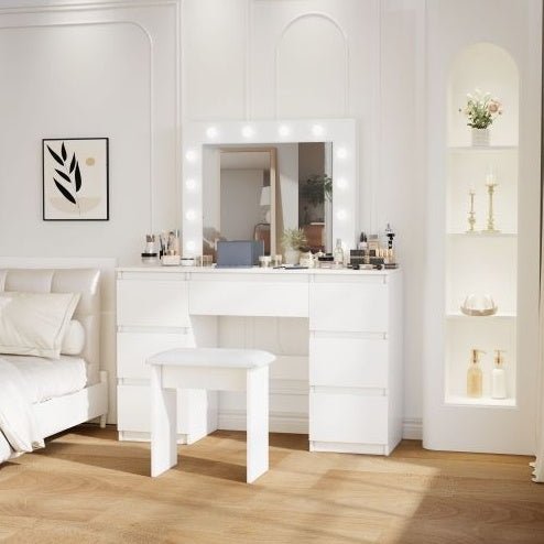 Large White Vanity Tables With Mirror And Light - Noventis Home
