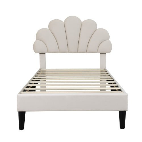 3ft Single Upholstered Velvet Bed Frame, With Adjustable Chic Petal Headboard, Velvet Platform Bed Frame With Solid Wood Slat, No Box Spring Needed, Easy Assembly, Beige - Noventis Home