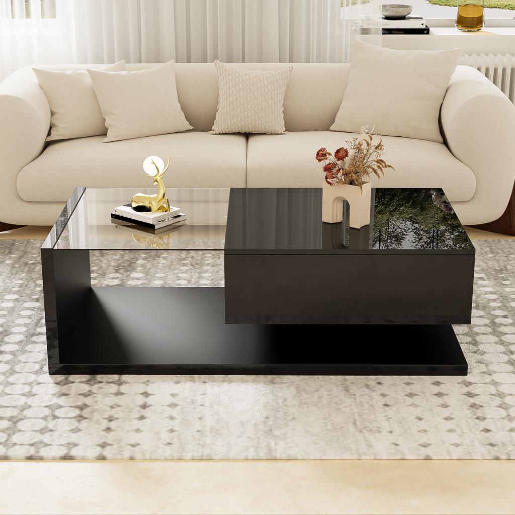 Salontafel Hoogglans Zwart met Glas en LED-verlichting, 105x55x32,5 cm
