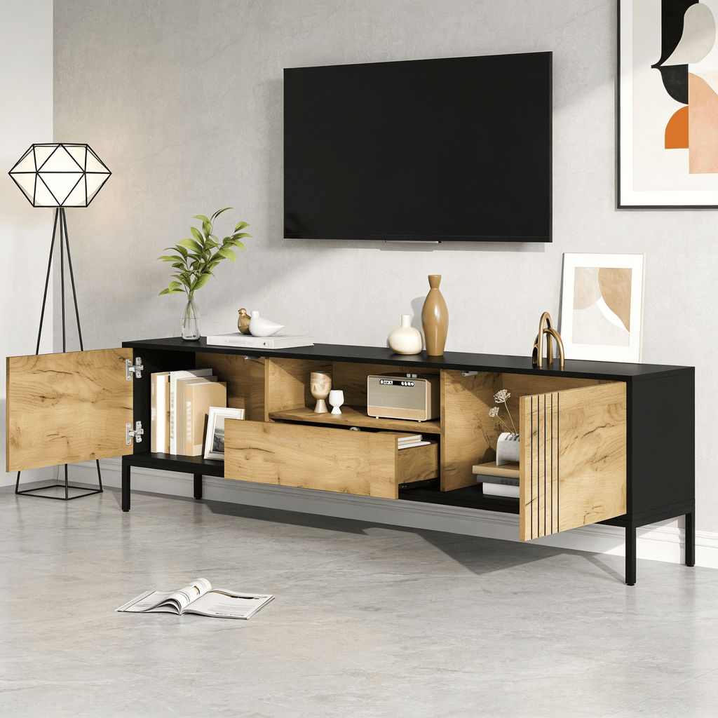 170x35x50cm TV Cabinet,TV Board, TV Console With 2 Cabinets And 1 Drawer, TV Table, TV Stand, Living Room Cabinet, Suitable For TVs Up To 70 Inches,natural Wood Black - Noventis Home