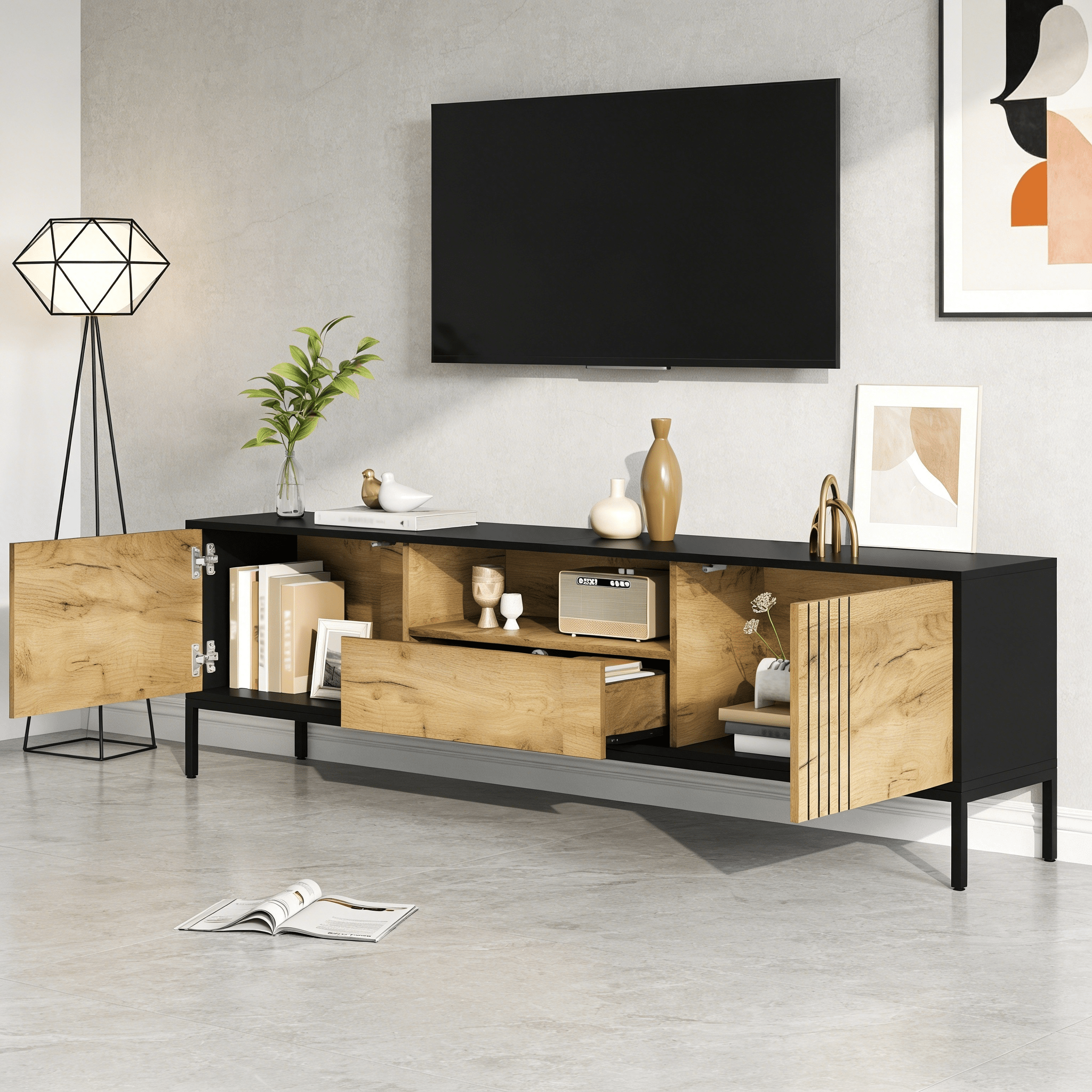 170x35x50cm TV Cabinet,TV Board, TV Console With 2 Cabinets And 1 Drawer, TV Table, TV Stand, Living Room Cabinet, Suitable For TVs Up To 70 Inches,natural Wood Black - Noventis Home