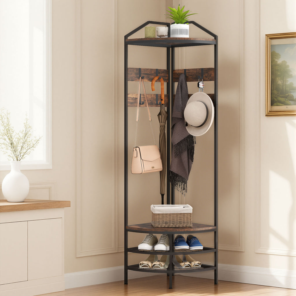 Corner Hall Tree, Industrial 4 - Tier Coat Rack with Shoe Storage, 8 Movable Hooks and 2 Shelves for Hallway, Rustic Brown - Noventis Home