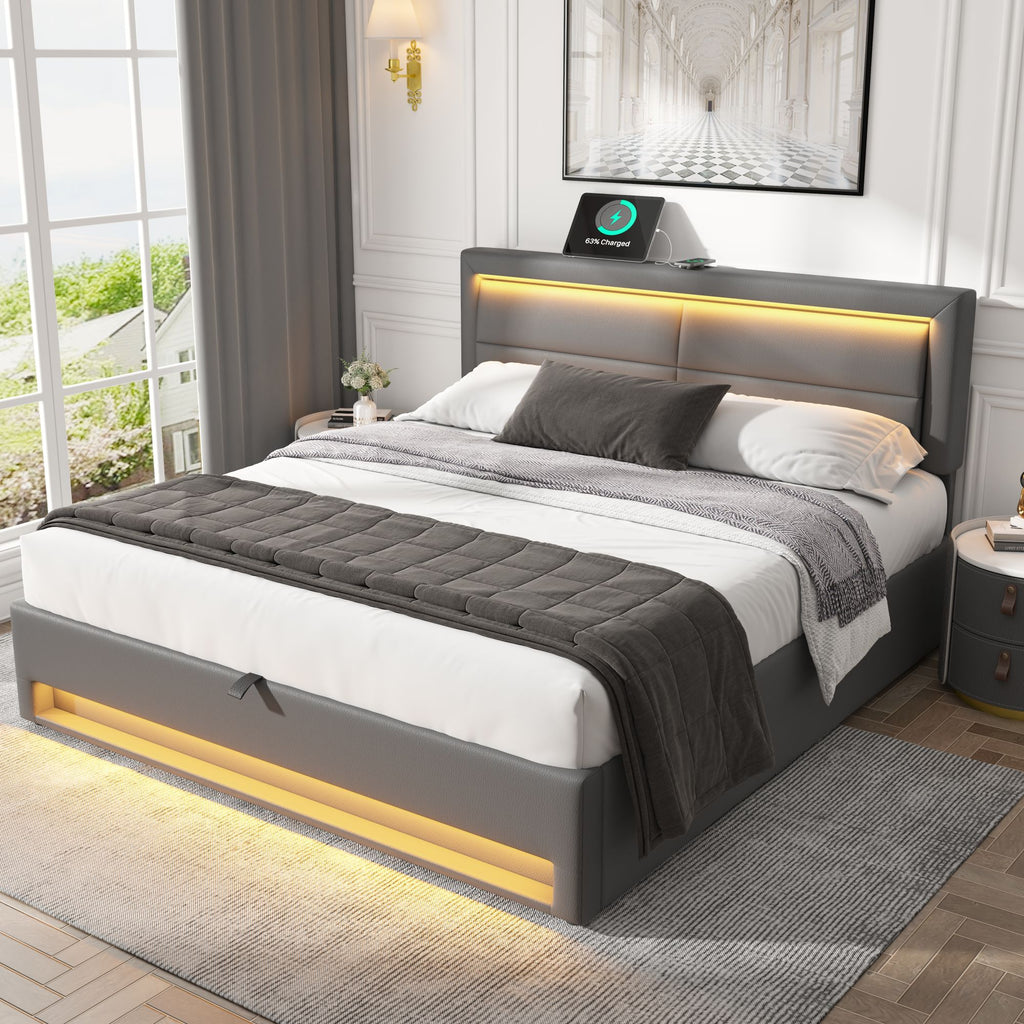 Upholstered Bed 180 X 200 Cm, Super King Size Bed - 6ft,with USB Port Supports Wireless And Wired Charging, With LED Lighting And Storage Space, Without Mattress, PU Lychee Pattern, Grey - Noventis Home
