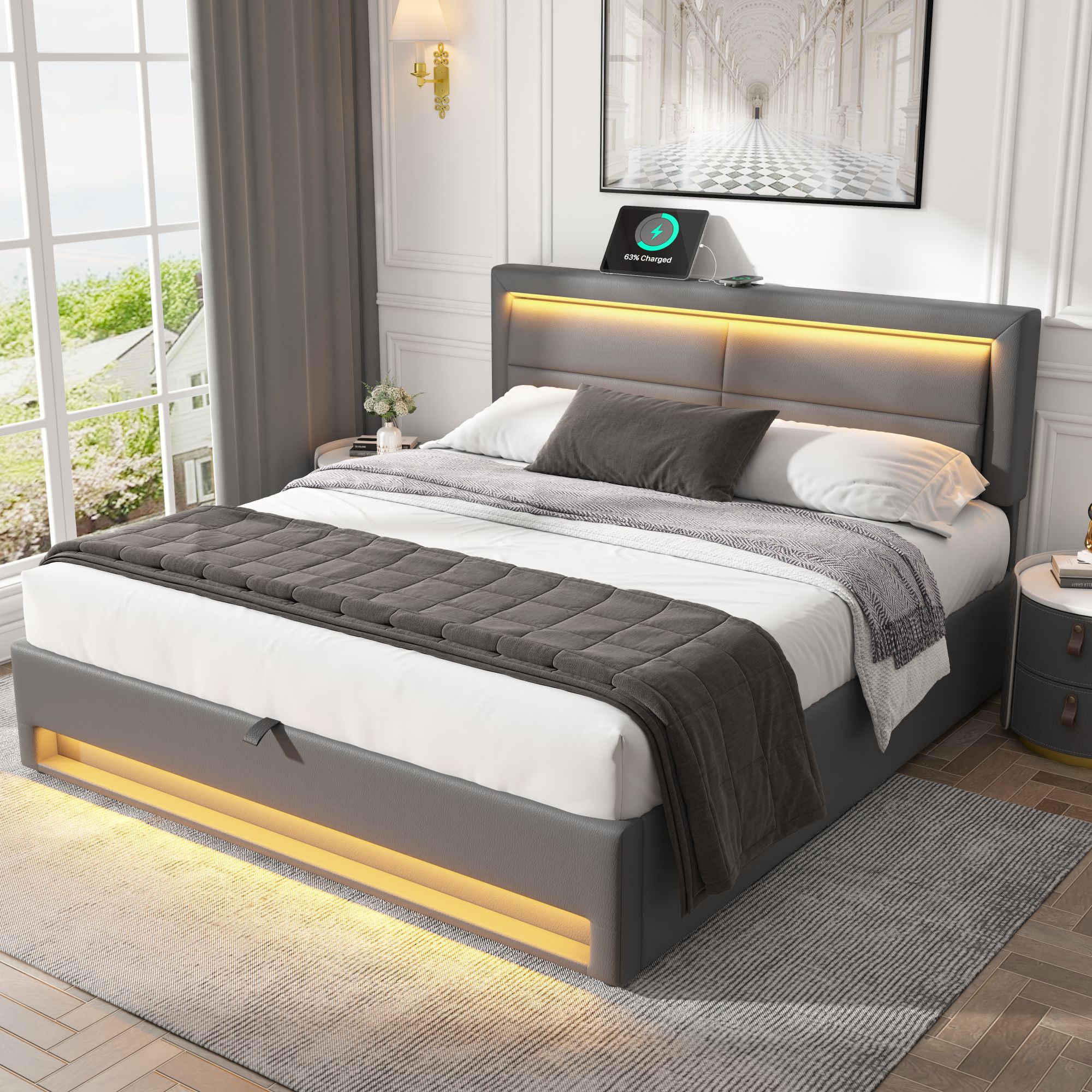 Upholstered Bed 180 X 200 Cm, Super King Size Bed - 6ft,with USB Port Supports Wireless And Wired Charging, With LED Lighting And Storage Space, Without Mattress, PU Lychee Pattern, Grey - Noventis Home