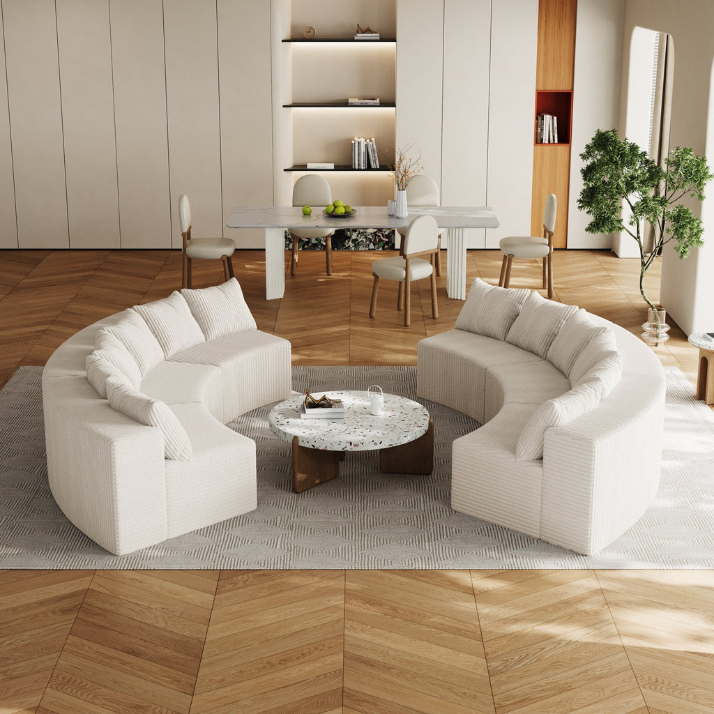 Corduroy Gebogen Modulaire Schuimbank met 12 Kussens, Halfronde Symmetrische Hoekbank voor Woonkamer en Slaapkamer, 6 Modules, Beige - Noventis Home