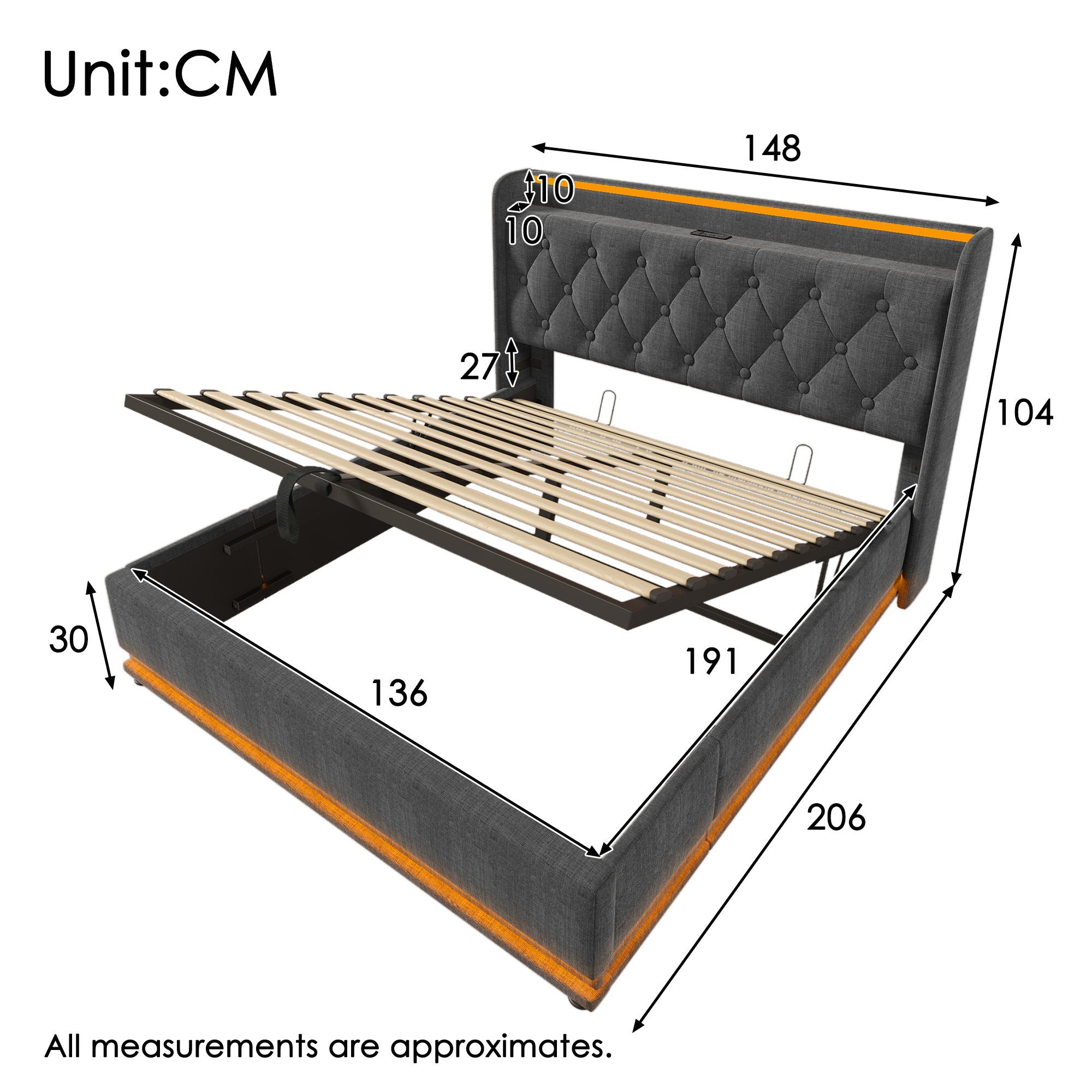 Upholstered Double Ottoman Bed With 360 Surround Led Function,Hydraulic Storage Bed Frame With Large Storage Space, 4ft6 Double Bed Frame With Charging Function,135 X190 ,Linen, Grey No Mattress - Noventis Home