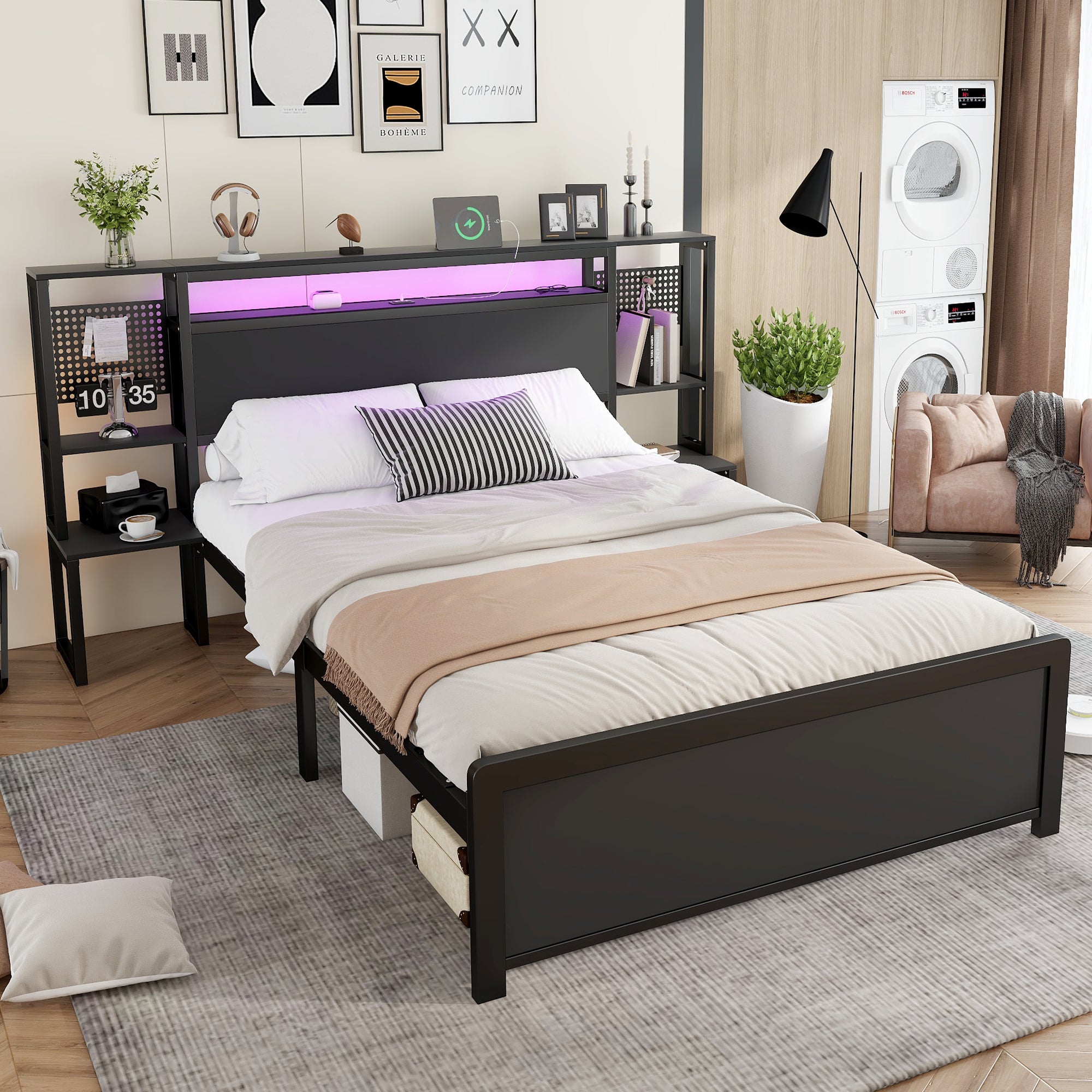 Metal Bed, Iron Bed, 4ft6 Double Bed 135x190cm, With Multi - color LED Strip Lights And Charging Port 2 A - type And 1 C - type, One - piece Bedside Table, Black - Noventis Home