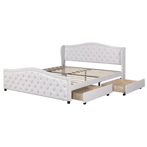 Gestoffeerd Bed 135 x 190 cm - Bed met Lattenbodem, 2 Lades en Hoofdeinde met Siernagels - Hout & Kunstleer - Wit - Jeugdbed / Logeerbed - Noventis Home