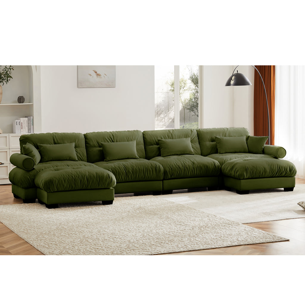 U Shaped Sectional Sofa Cloud Couch With Movable Ottomans,Convertible Deep 4 Seater Modern Velvet Comfy Upholstered Corner Couch With Blostered Armrests, Waist Pillow And Throw Pillows,Olive Green - Noventis Home