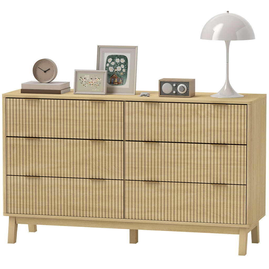 Ladekast met 6 Lades, Geribbeld Design met Gouden Handgrepen en 5 Houten Poten, Naturel Hout