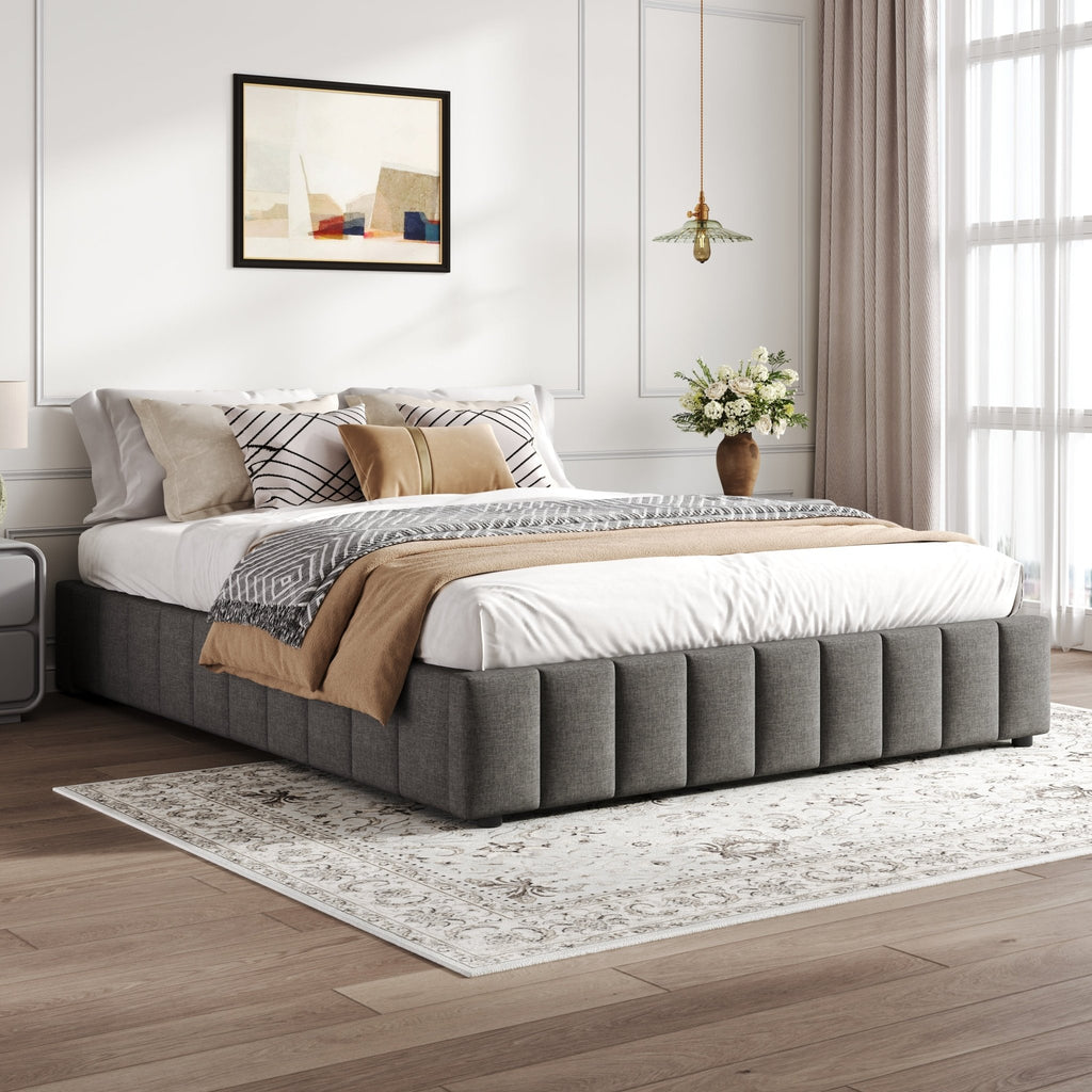 4ft6 Double Upholstered Storage Bed Frame, No Headboard Linen Bed Frame With Hydraulic Storage, Channel Tufted Ottoman Bed, Metal - Wood Support, No Box Spring Needed, Easy Assembly,Grey No Mattress - Noventis Home
