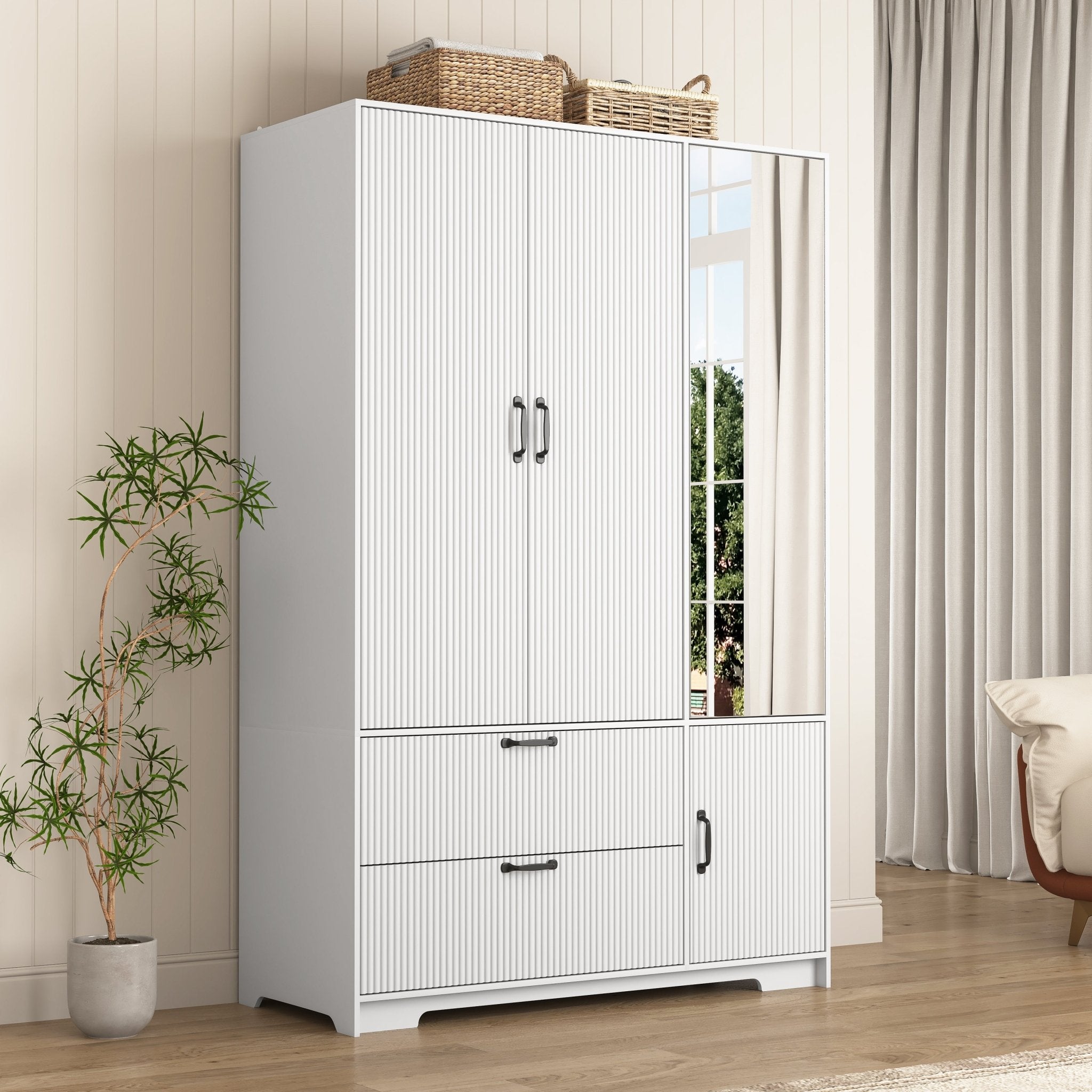 4 - Deurs Kledingkast met Spiegel, LED Kledingkast met 2 Lades, Houten Opbergkast met Kledingstang en Verstelbare Planken, Wit - Noventis Home