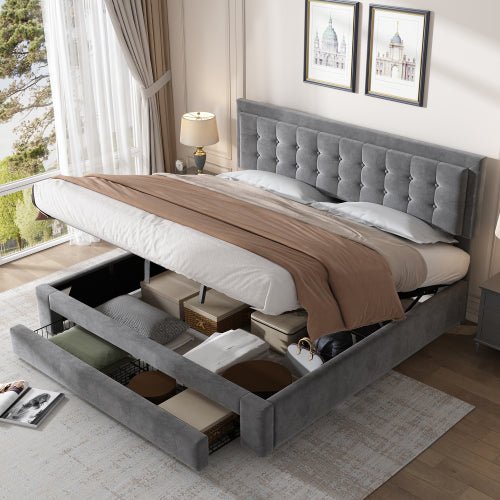 Gestoffeerd Super Kingsize Bed 180x200 cm, Fluweel, Grote Opbergruimte, Met Lattenbodem en Hoofdeinde, Zonder Matras, Grijs - Noventis Home