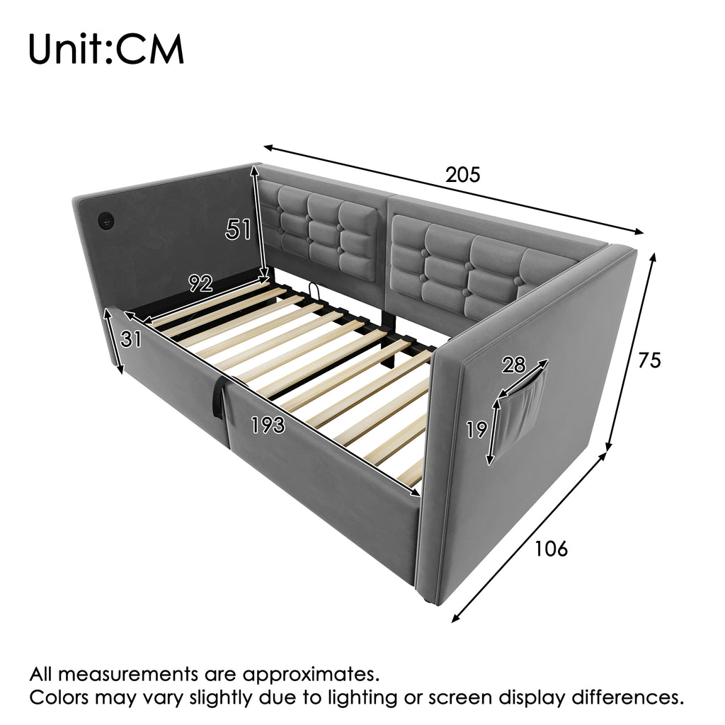 Daybed Upholstered Bed 90 X 190 Cm, 3FT Single Sofa Bed With USB &Type - C Charging Station, Hydraulic Storage Bed For Living Room And Bedroom, Velvet, Grey No Mattress - Noventis Home