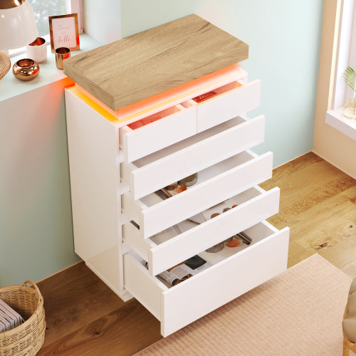Ladekast, Hoogglans Dressoir met 6 Lades, RGB LED App-gestuurd, Multifunctioneel voor Woonkamer en Slaapkamer, 115x73x39 cm, Wit