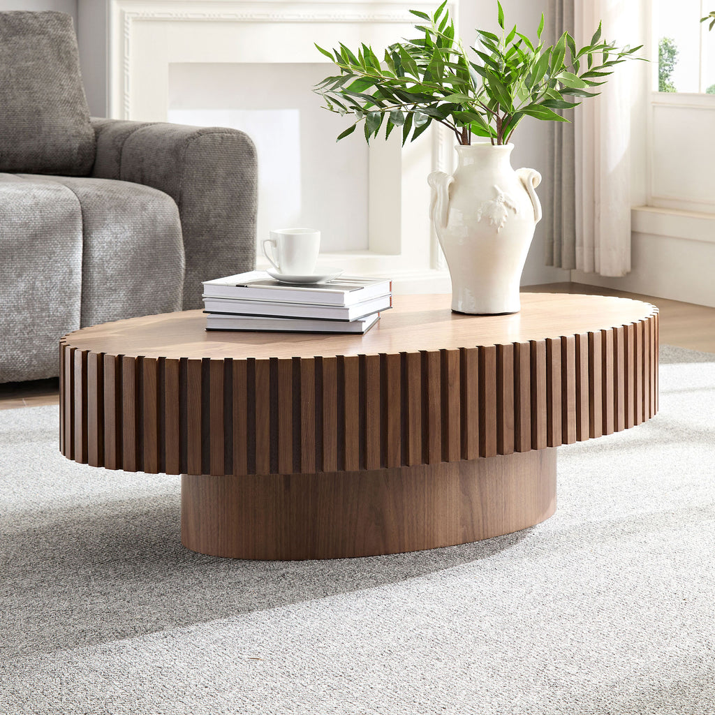 Modern Handcraft Drum Coffee Table Length 43.7 Inch Ellipse Coffee Table For Living Room,Oval Small Coffee Table With Sturdy Pedestal,Walnut MDF - Noventis Home
