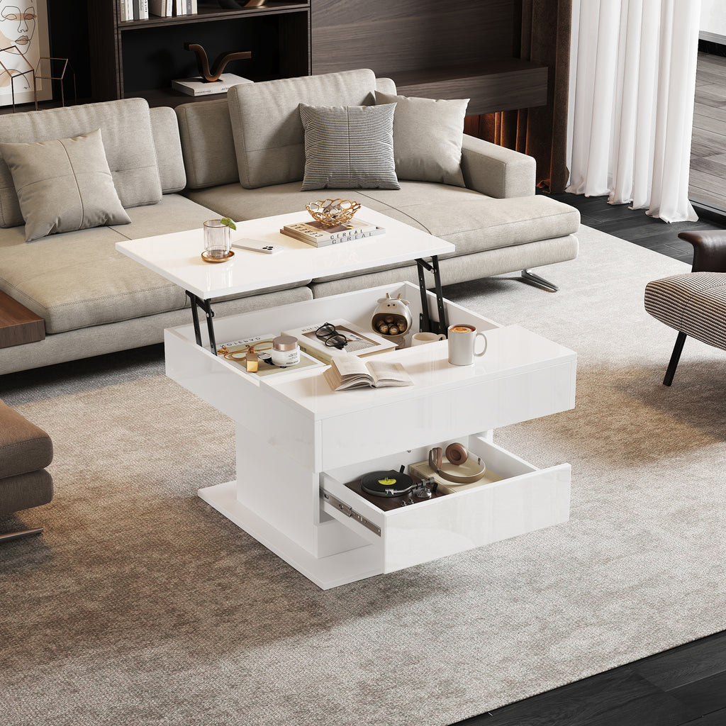 360° Draaibare Salontafel, Hoogglans Lift-Top met 1 Lade, Ruimtebesparende Bijzettafel, 70x70x45cm, Wit