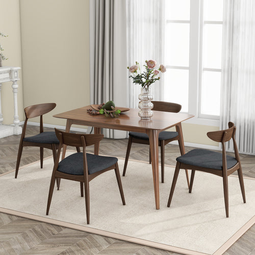 5 - Piece Dining Table Set, 1 Table 4 Chairs, Rubberwood Frame, Ergonomic Backrest, Soft Cushioned Chairs, Walnut - Charcoal - Noventis Home