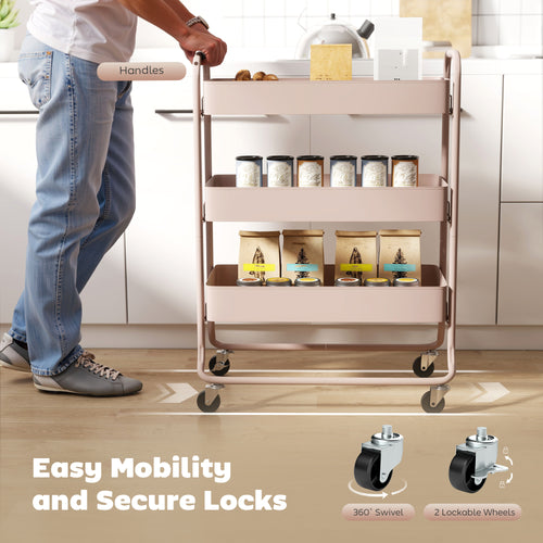 3 - Tier Storage Trolley On Wheels, Rolling Utility Cart With Mesh Backets For Kitchen, Bathroom, Bedroom, Light Pink - Noventis Home