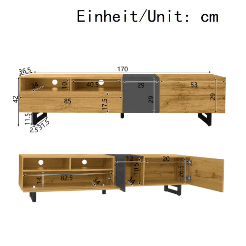 Colorblock TV-meubel, Contrasterend Kleurdesign, 3 Deuren en 2 Vakken, U-vormige Metalen Poten, Retro Houtnerf, 170 cm