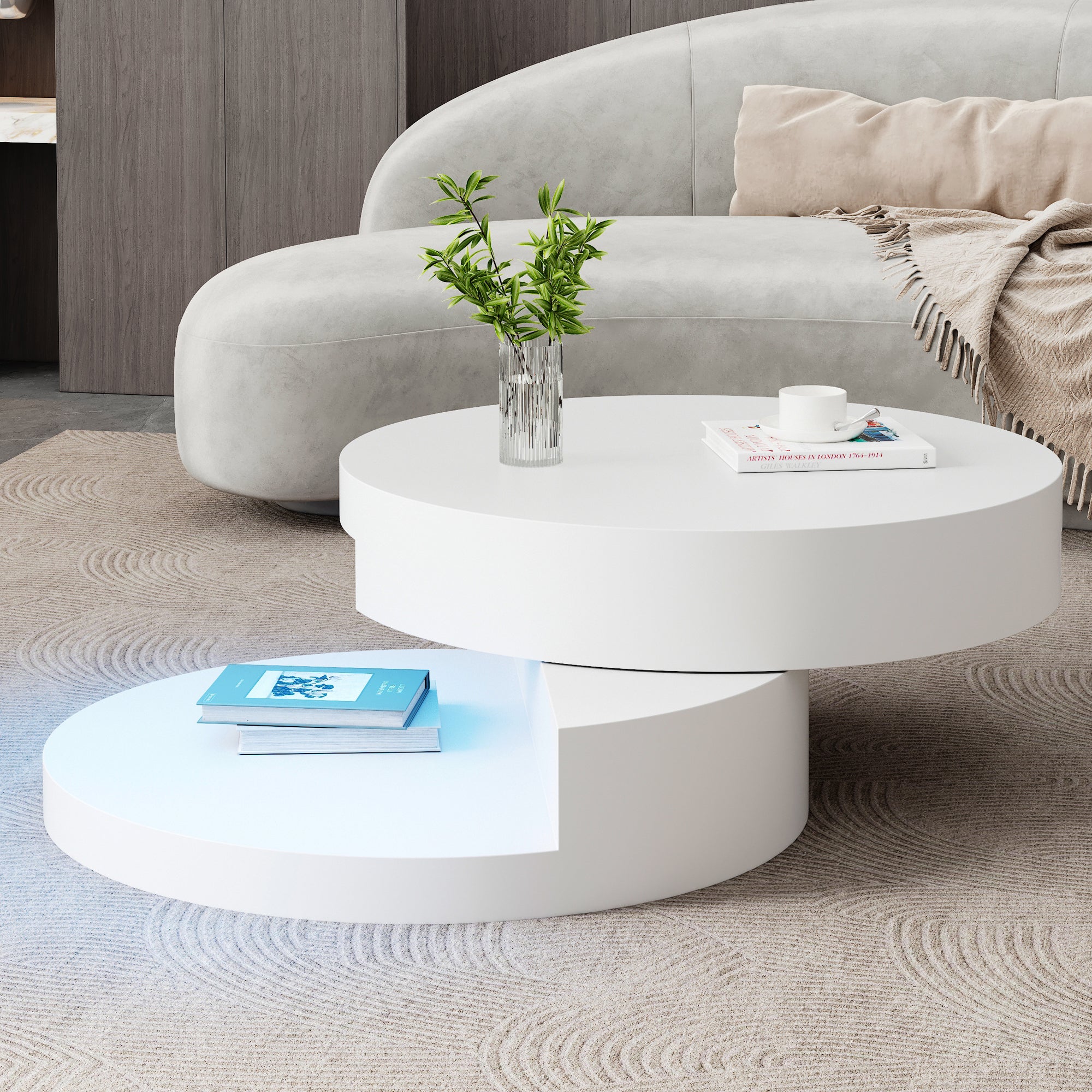 Ronde Draaibare Salontafel met LED-verlichting, 360° Draaibaar Tafelblad, Dubbele Laag, 70x70x35,5cm, MDF, Wit