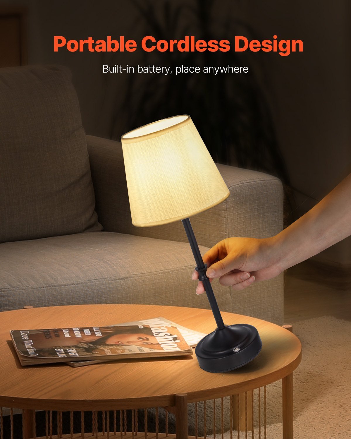 Cordless Table Lamp, 2 Pack, 5200mAh Built - in Rechargeable Battery Desk Lamp, 3 - Level Brightness, Fabric Shade, 2700 - 3000K Color Temperature, Table Light For Restaurant, Bedroom, Bars, Black - Noventis Home