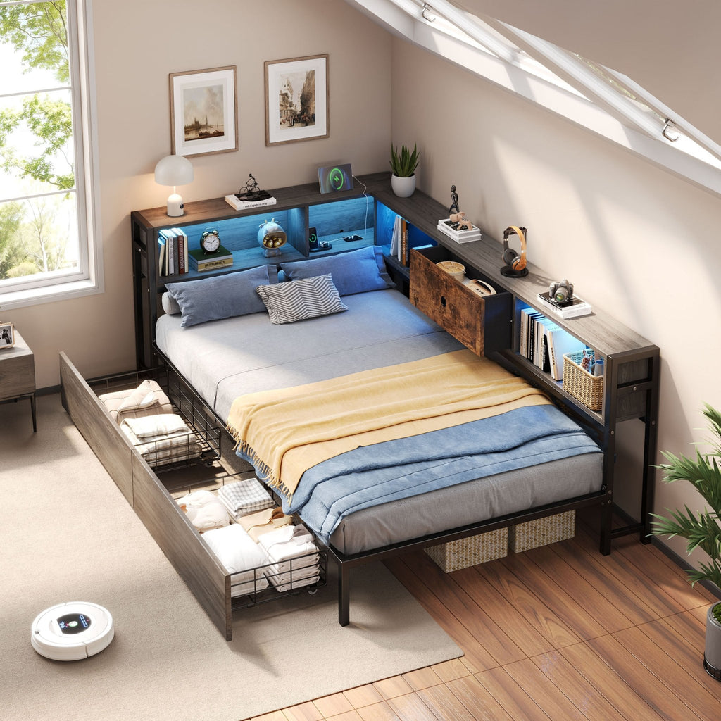 3ft Single Metal And Wood Bed With RGB LED Lights & Charging Station USB & Type - C, Built - in Shelves And Bedside Storage, Two Storage Drawers, Two Assembly Methods, Grey, Rustic Brown No Mattress - Noventis Home