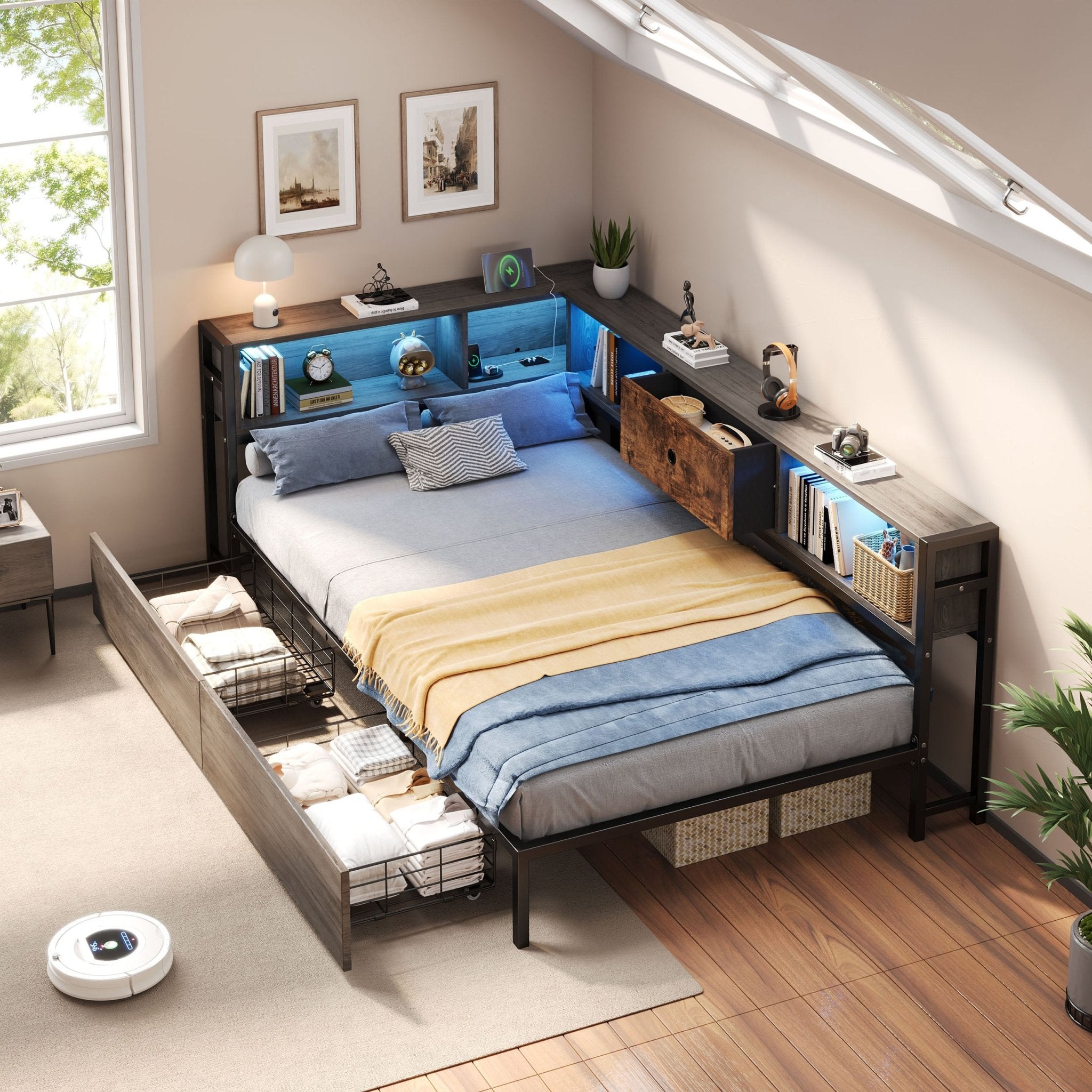 3ft Single Metal And Wood Bed With RGB LED Lights & Charging Station USB & Type - C, Built - in Shelves And Bedside Storage, Two Storage Drawers, Two Assembly Methods, Grey, Rustic Brown No Mattress - Noventis Home