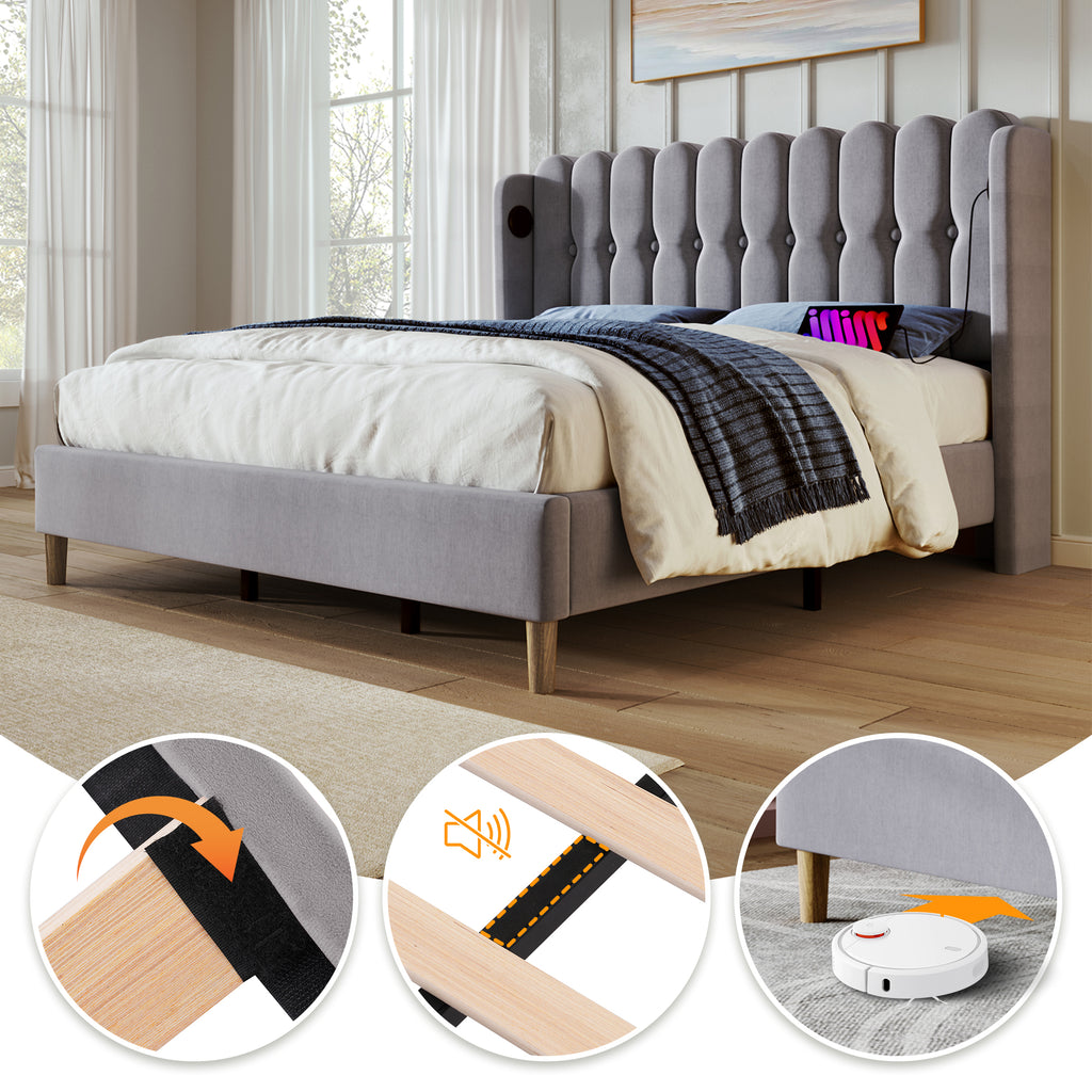 Upholstered Double Bed With USB And Type - C Charging, Bed Frame With Wooden Slatted Frame, Teenager Bed For Bedroom & Guest Room,4ft6 135 X 190 Cm Bed Frame, Grey, Linen Material - Noventis Home