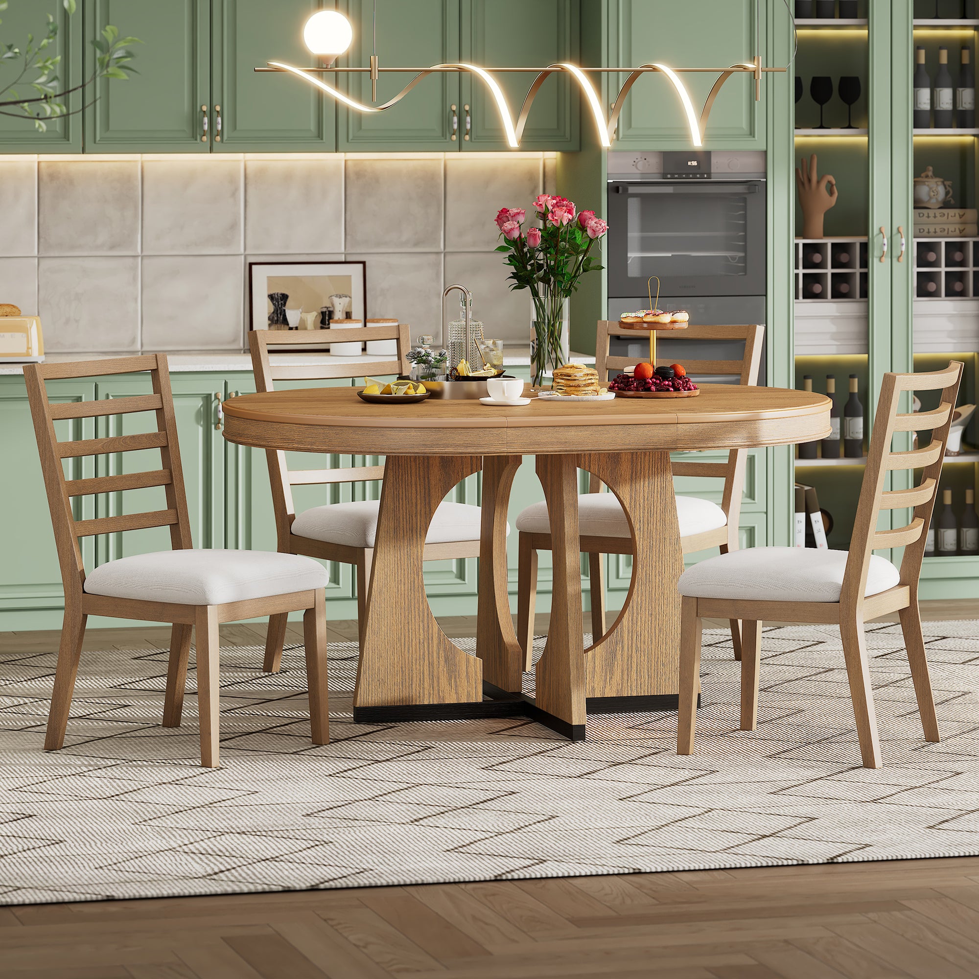 TREXM Round Dining Table For 4 With Chairs Set Extendable Dining Table Set With 16 Removable Middle Leaf 5 Piece Retro Dining Table Set Unique Geometric Design For Kitchen Dining Room Natural - Noventis Home