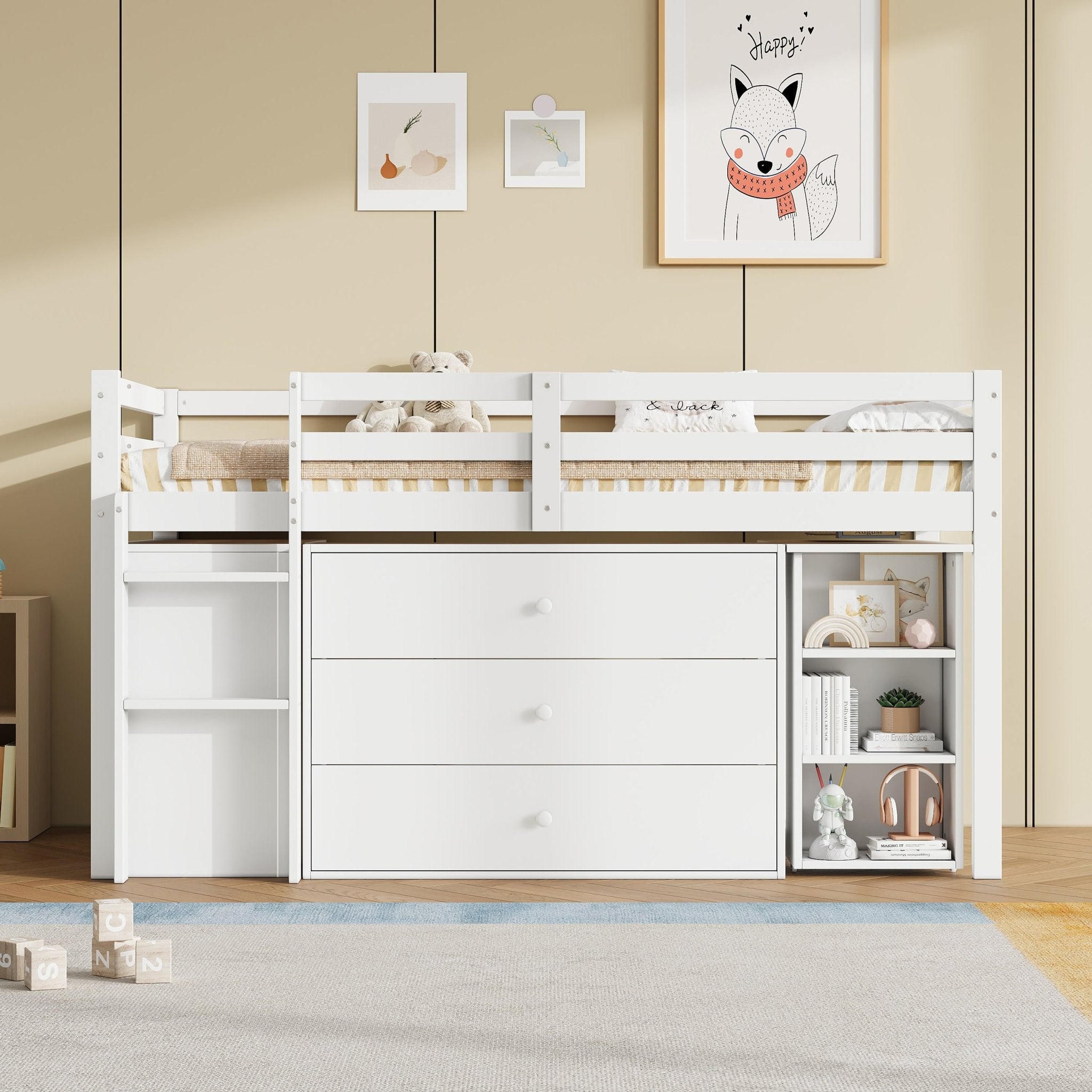 Eenpersoons Kinderbed met Uitschuifbaar Bureau, 3 Lades, Opbergkast en Planken, Flexibele Installatie, Ruimtebesparend Halfhoogslaper, 90x190cm, Wit, Zonder Matras - Noventis Home