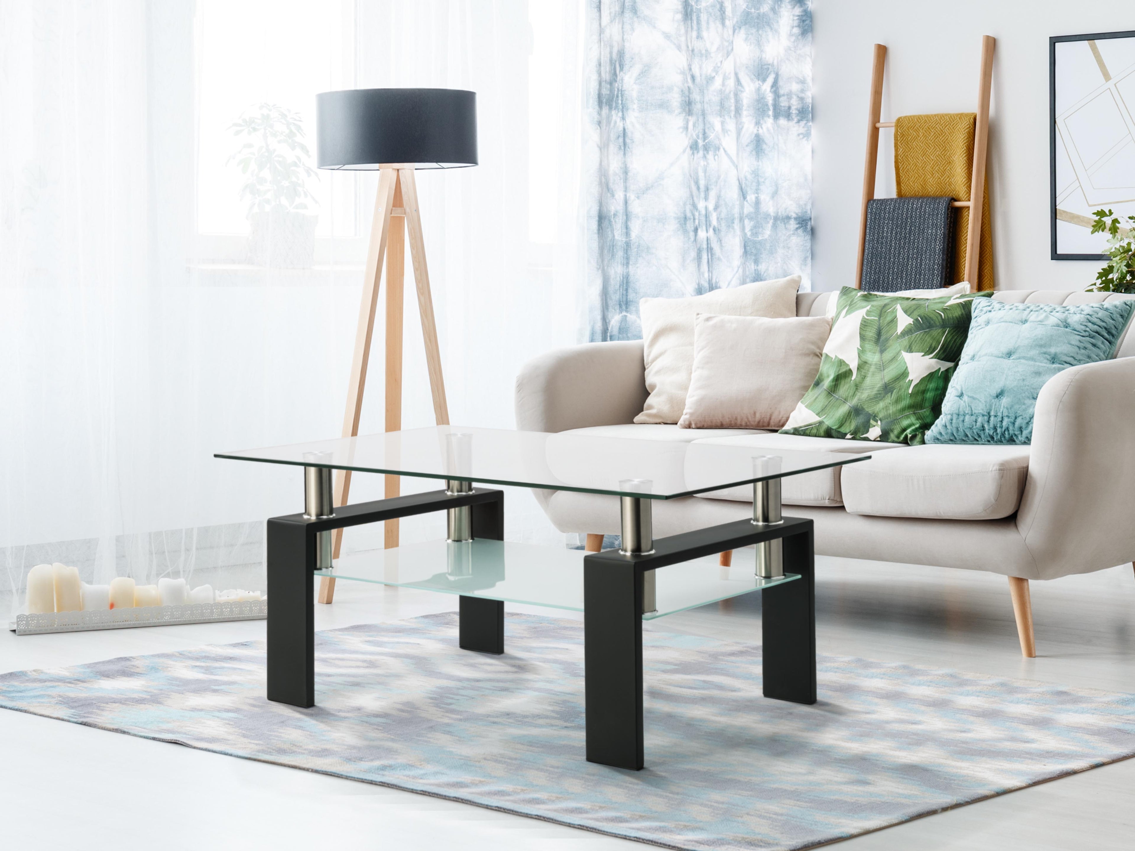 Rechthoekige Glazen Salontafel, Transparant Glas, Moderne Woonkamertafel, Zwart