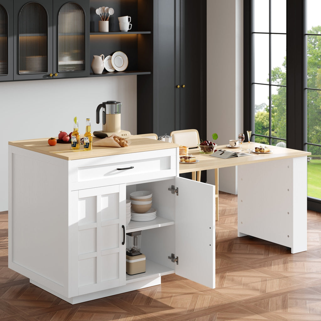 Extendable Bar Table With Storage 133 - 202 X 70 X 93.5 Cm With Two Drawers And Four Compartments, Expandable Kitchen Island Table For 2 - 6 People, Kitchen Dining Cart With Side Shelves, White. - Noventis Home