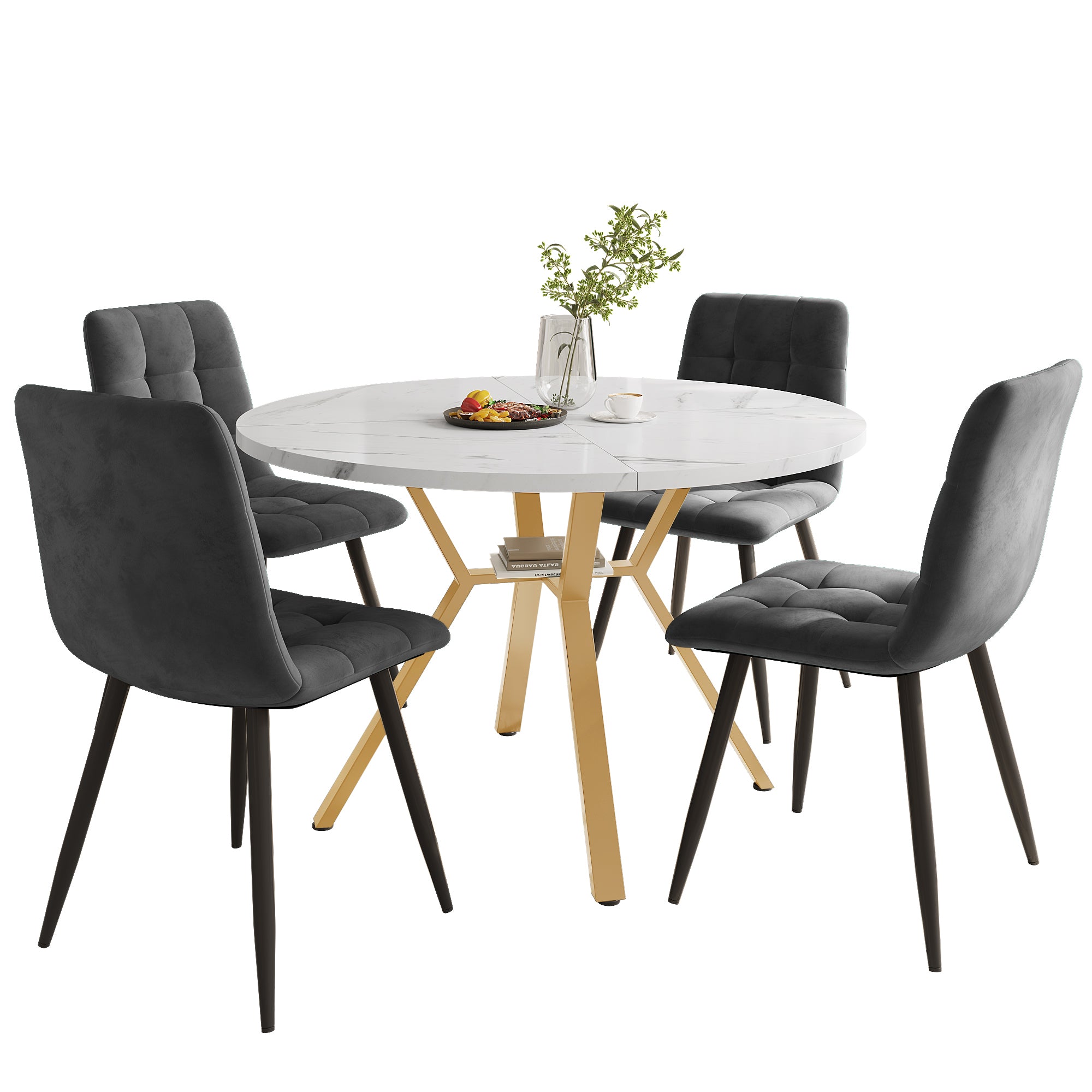 Dining Table Set, Dining Table And Chair Set 5 - piece , Modern, Simple Round Marble Dining Table And Chair Set, Gold - coloured Metal Table Legs 4 Ergonomic Velvet Chairs, Gray Dining Chairs - Noventis Home